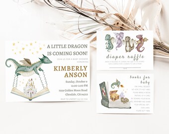 Dragon baby shower uitnodiging, jongen baby shower uitnodiging, baby Dragon uitnodiging, Dragon thema baby shower, luier loterij, boeken voor baby