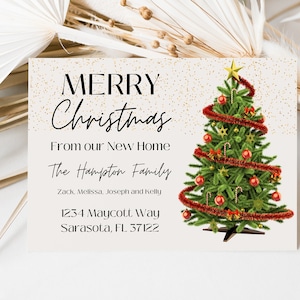 Nous déménageons, nous avons déménagé, carte de Noël, carte de déménagement, notre arbre de Noël a une nouvelle maison, carte de déménagement de Noël, joyeuses fêtes