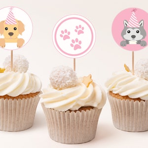 DOWNLOAD INSTANTÂNEO Puppy Pawty Cupcake Topper, para impressão, festa de aniversário de cachorro, Puppy Party Cupcake Topper, digital, Paw-ty Cupcake Topper rosa