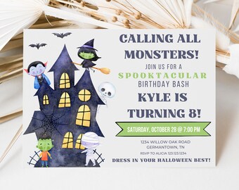 Invito di Halloween, Invito di compleanno di Halloween, Invito di festa di Halloween, Invito di Monster Mash, Festa di mostri, Casa stregata