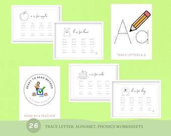 Phonics Tracing Letter Worksheets - 26 Pages, Tracing Alphabet , Phonics Worksheets, Practice Letter Formation, Preschool Activity Learning