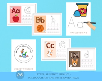Phonics Alphabet Letter Flashcards et trace | Tapis de pâte à modeler Alphabet | Cartes Phonics Primaire 1 Maternelle Année 1 26 PAGES