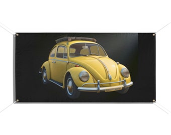 VW Beetle yellow on black,Vinyl Banners, large garage banner, mancave, party,  free shipping