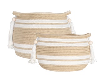 Cotton Woven Rope Baskets (Set of 2) for Plants, Blankets, Home Decor, Storage, Organization, Toys, Towels, and Nursery - Removable Tassels