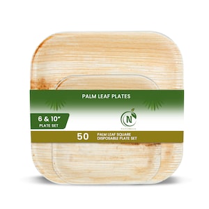 Palm Leaf Plates | 6 & 10 inch Square Disposable Plate Set | Appetizer Dish for Wedding Serving, Garden Party | 50 Pack