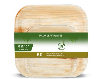 Palm Leaf Plates | 6 & 10 inch Square Disposable Plate Set | Appetizer Dish for Wedding Serving, Garden Party | 50 Pack