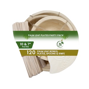 Eco Einweg-Party-Pack 120Stk | Palmenblatt Teller, Schalen, Besteck | Kompostierbares Hochzeitsgeschirr | Biologisch abbaubares Eventzubehör