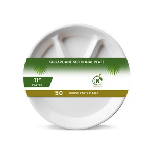 Sugarcane Sectional Plate | 4 Compartments 11-inch Round Party Plates | Eco Friendly Disposable Wedding Platter| 50 Pack
