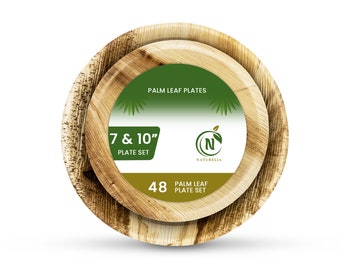 Palm Leaf Plates | 7 & 10 inch Round Disposable Plate Set | Appetizer Dish for Wedding Serving, Garden Party | 48 Pack