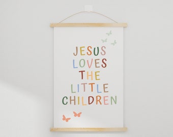 Jesus Loves the Little Children, Bible Verse Wooden Hanging Poster, Christian Wall Art for Playroom, Nursery Boho Bible Wall Decor