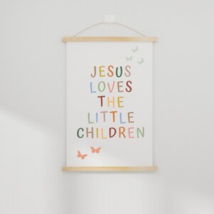 Jesus Loves the Little Children, Bible Verse Wooden Hanging Poster, Christian Wall Art for Playroom, Nursery Boho Bible Wall Decor
