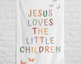 Jesus Loves the Little Children, Bible Verse Tapestry, Scripture Banner, Christian Wall Art for Playroom, Nursery Boho Bible Wall Decor