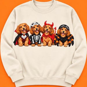 Peut inclure: Un sweat-shirt beige à col rond orné d'une impression graphique représentant quatre teckels à poil long déguisés pour Halloween. Les chiens sont costumés en vampire, squelette, diable avec des cornes rouges et une araignée noire.