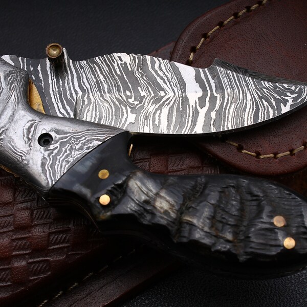 Hand forged Damascus folding knife, handmade pocket knife, damascus bolsters, ram horn handle