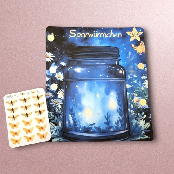 Sparwürmchen - Sparchallenge mt Stickern - Sparglas | A6 Umschlaggröße