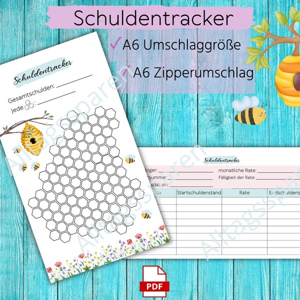 Schuldentracker Challenge (Biene) in A6 und Umschlaggröße für A6 Budget Binder | digitale PDF Version