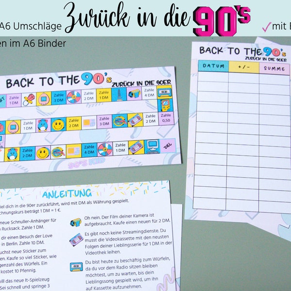 Zurück in die 90er - Back to the 90s | Sparspiel zum Würfeln - passend für A6 Umschläge - mit und ohne Laminierung  | Printversion