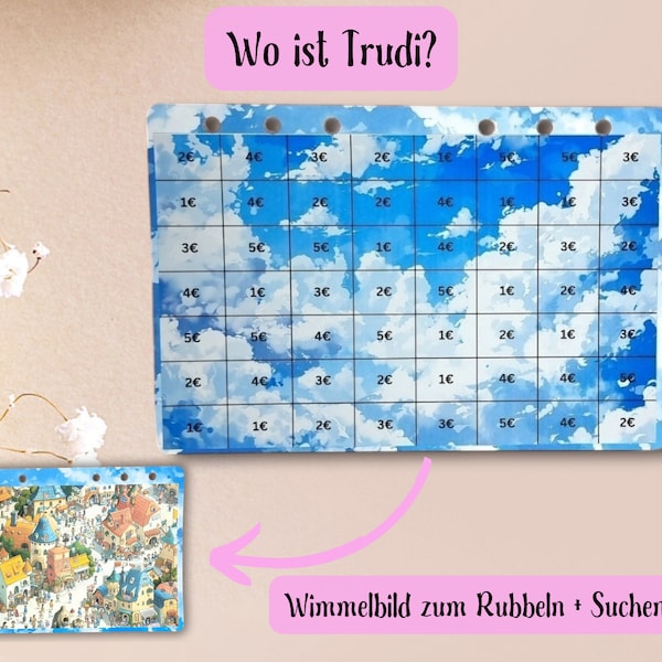 Rubbelchallenge "Wo ist Trudi?" | Wimmelbild zum Rubbeln + Suchen| passend A6 Budgetplaner | Printversion