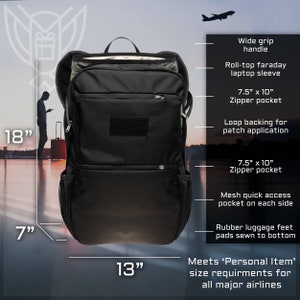 May include: Black backpack with multiple pockets, a wide grip handle, and a roll-top faraday laptop sleeve. Features include a 7.5" x 10" zipper pocket, loop backing for patch application, and mesh side pockets. Measures 18" high, 13" wide, and 7" deep.