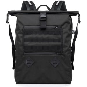 May include: Black roll-top backpack with a large zippered pocket on the front. The pocket has a flap with adjustable straps and a smaller zippered pocket above it.