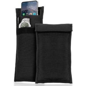 May include: Two black fabric pouches with a flap closure. One pouch holds a smartphone and a silver wristwatch. The phone displays the time as 9:41. The pouches are designed to protect and carry small items.