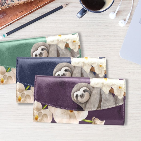 Cute Floral Sloth Orchid Women's Long Wallet | Cute Vegan Leather Eco-Friendly Slim Wallet Organizer for Women | Unique Clutch Wallet