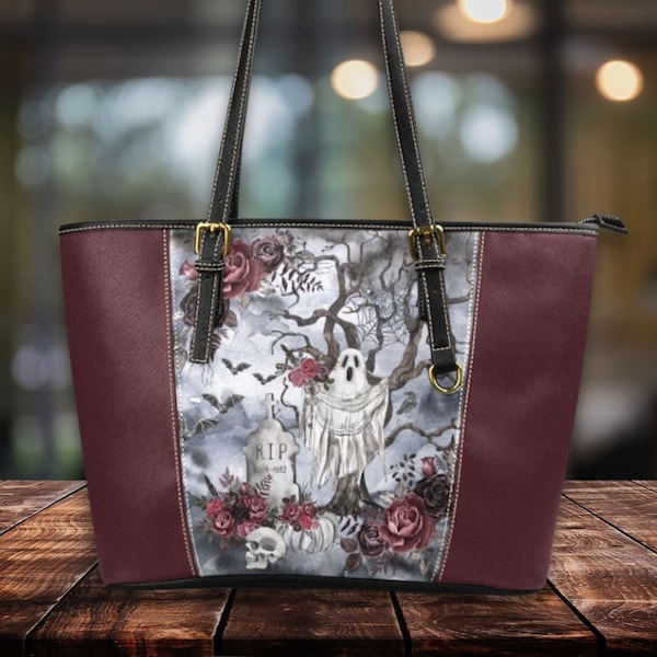 Ghost and Roses Gothic PU Leather Tote Bag | Women's Vegan Leather Laptop Bag | Large Leather Work Bag | Sleek Zippered Bag for Women