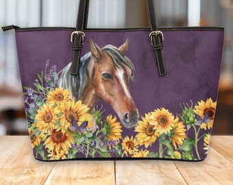 Horse Girl Purple PU Leather Tote Bag Sunflower Ladies' Large Vegan Leather Totebag Large Leather Work Bag Sleek Zippered Bag for Women