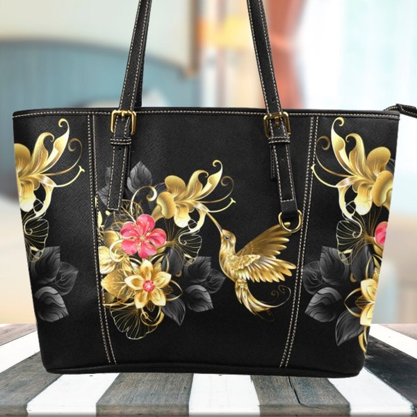 PU Leather Work Bag Elegant Black and Gold Hummingbird Black Vegan Leather Tote Laptop Bag Large PU Leather Zippered Campus Bag for Women