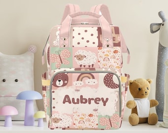 Patchwork Personalized Travel Diaper Bag Backpack | Insulated Bottle Cooler Pockets | Boho Baby Shower Gift | Cute Pastel Animal Design
