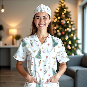 May include: White medical scrubs and matching cap with a festive Christmas pattern. The pattern includes Christmas trees, nutcrackers, stars, and other holiday-themed illustrations. The scrubs have a V-neck and short sleeves.