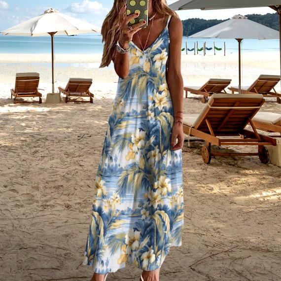 Tropical Print Sleeveless Dress, Summer Resort Wear, Beach