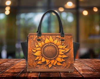 Faux Tooled Sunflower PU Leather Handbag: Floral Shoulder Purse Gift for Sunflower Lovers
