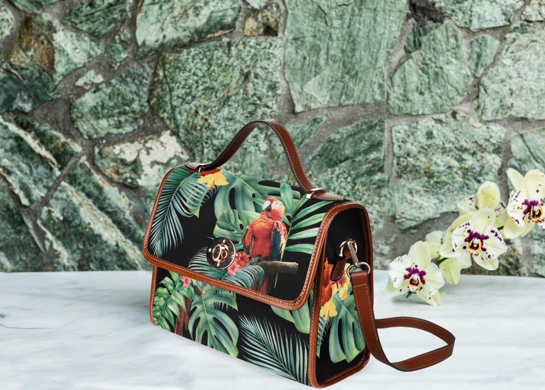 Crossed Body Canvas Satchel for Women Scarlet Macaw Bird Tropical
