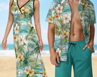 Couples Matching Resort Wear Tropical Print Beach Vacation Summer Outfits His and Hers Hawaiian Cruise Wear Sleeveless Dress Photoshoot