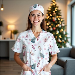 May include: White scrub top and cap set with a festive Christmas pattern. The pattern includes pink ballerinas, Christmas trees, nutcrackers, and snowflakes. The scrub top has a V-neck and short sleeves.