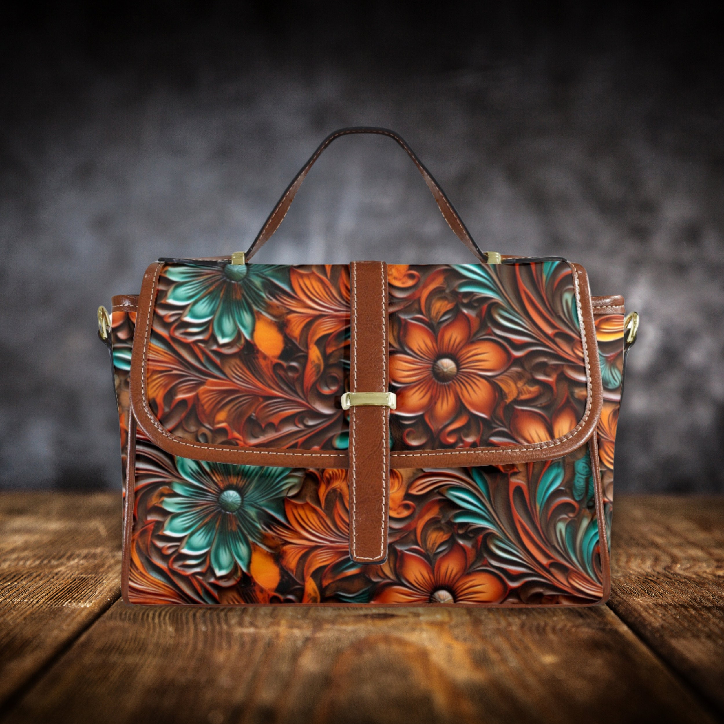 Faux Tooled Floral PU Leather Handbag: Turquoise Flower Faux