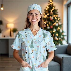 May include: Light blue scrub top and cap set with a festive Christmas pattern. The pattern includes Christmas trees, nutcrackers, stars, and other holiday-themed illustrations. The scrub top has a V-neck and short sleeves.