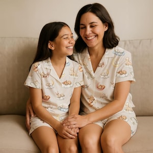 Matching Mommy and Me Summer Loungewear, Matching Family Clothing, Lightweight Summer, Sleepover Photoshoot Outfits, Sleeping Animals Beige