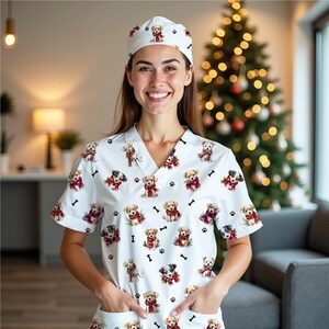 May include: White medical scrubs and matching cap with a repeating pattern of puppies wearing scarves. The scrubs have a V-neck and pockets. Black paw prints and bone graphics are also scattered across the fabric. The person is smiling.