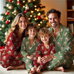 May include: A family wearing matching Christmas pyjamas. The pyjamas are red and green with a teddy bear pattern. A Christmas tree with baubles is in the background.