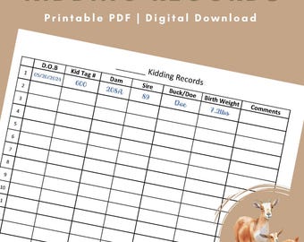 Può includere: Foglio di registrazione stampabile per la stagione di parto delle capre. Il foglio ha colonne per la data di nascita, il numero del cartellino del capretto, la madre, il padre, il maschio o la femmina, il peso alla nascita in libbre e i commenti. Il foglio è in bianco e nero con un bordo nero. L'immagine include anche un'illustrazione ad acquerello di una capra marrone e un capretto marrone.