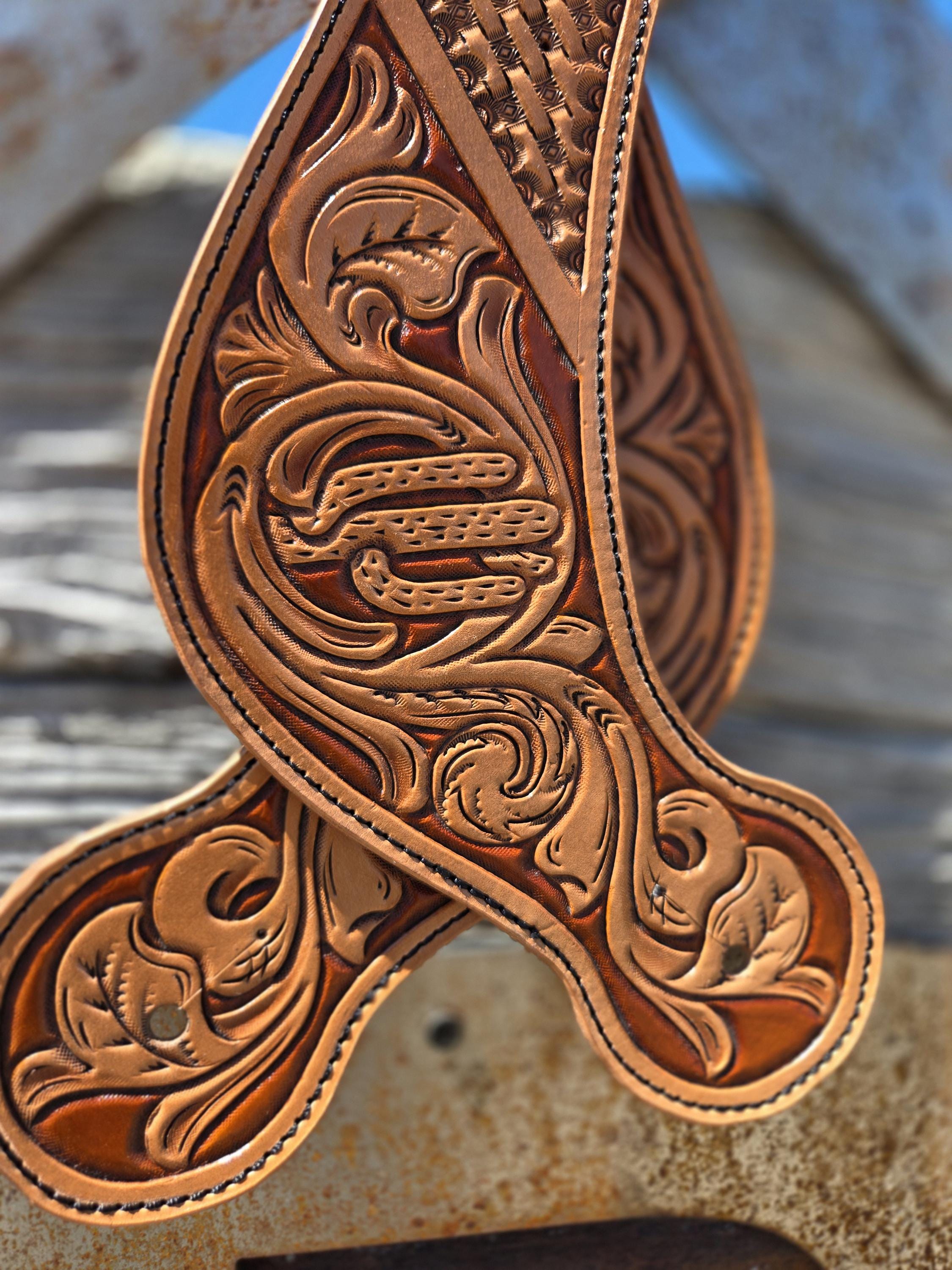 Cactus Floral Tooled Buckleless Spur Straps