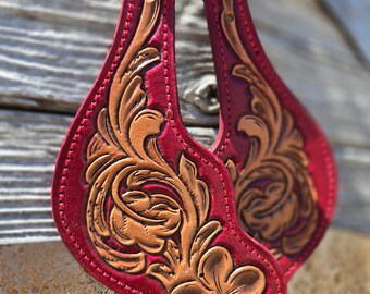 Tooled Oxblood Red Spur Straps