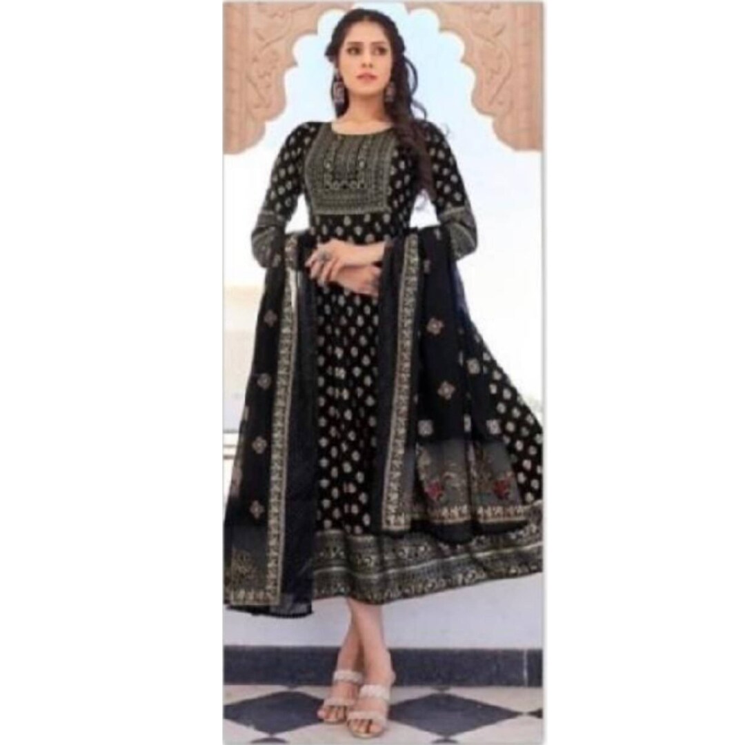 Bandhani Printed V-Neck Anarkali Ethnic Maxi Dress With Dupatta