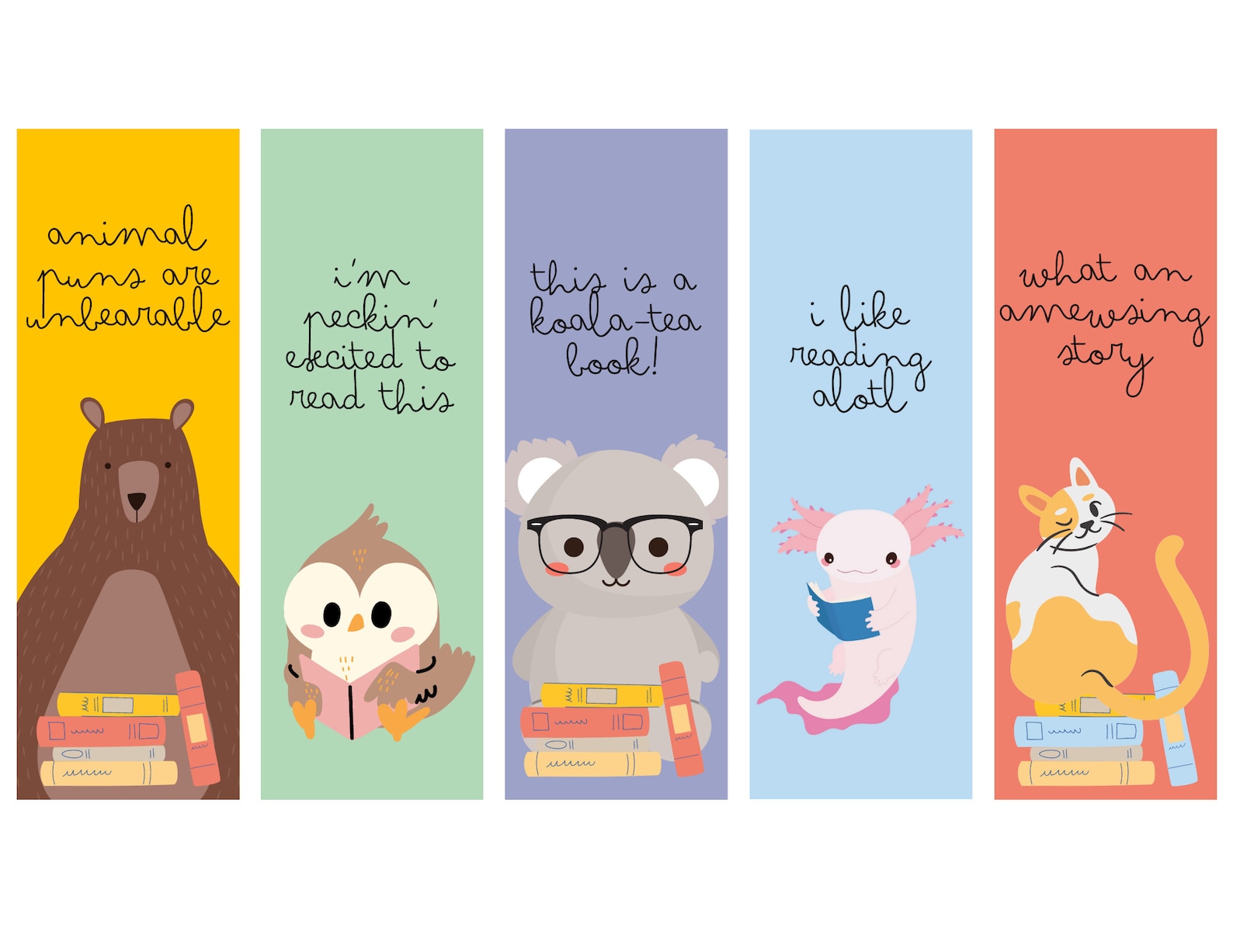 Printable Animal Reading Puns Bookmarks Instant Download, Bookmarks for
