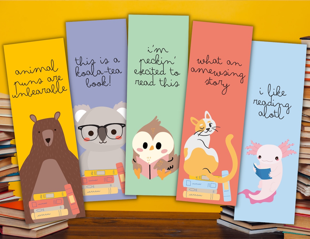 Printable Animal Reading Puns Bookmarks Instant Download, Bookmarks for