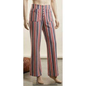 May include: High-waisted trousers featuring a vertical striped pattern in shades of red, navy blue, and white. The pants include two front patch pockets with button closures and a central vertical row of five buttons along the front fly area.