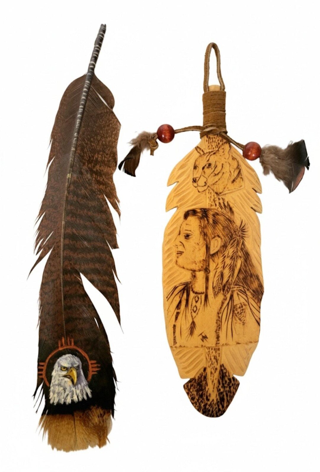 Vintage Native American Indian Feather Art Wood Burned & Painted Turkey ...