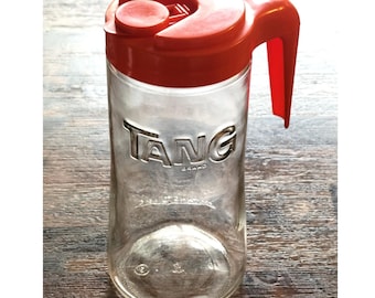 Vtg 80s Tang Brand Glass Pitcher juice carafe Orange Plastic Lid and Handle 1 Qt